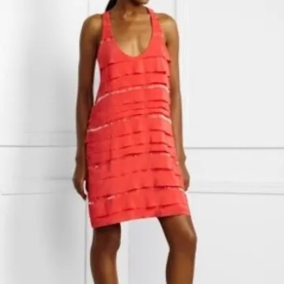 BCBGMAXAZRIA Silk Racerback CORAL PASSION BEADED TIERED DRESS BID6K238 - Picture 2 of 11